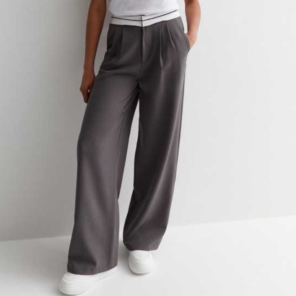 Gray Wide-Leg Trousers with White Trim